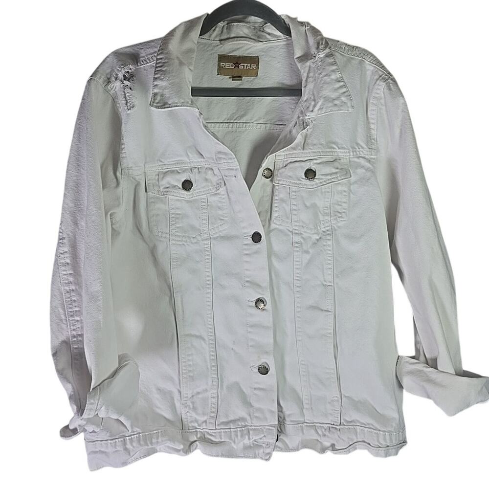 Red Star White Denim Jacket Distressed Button Down Womens XL Pockets